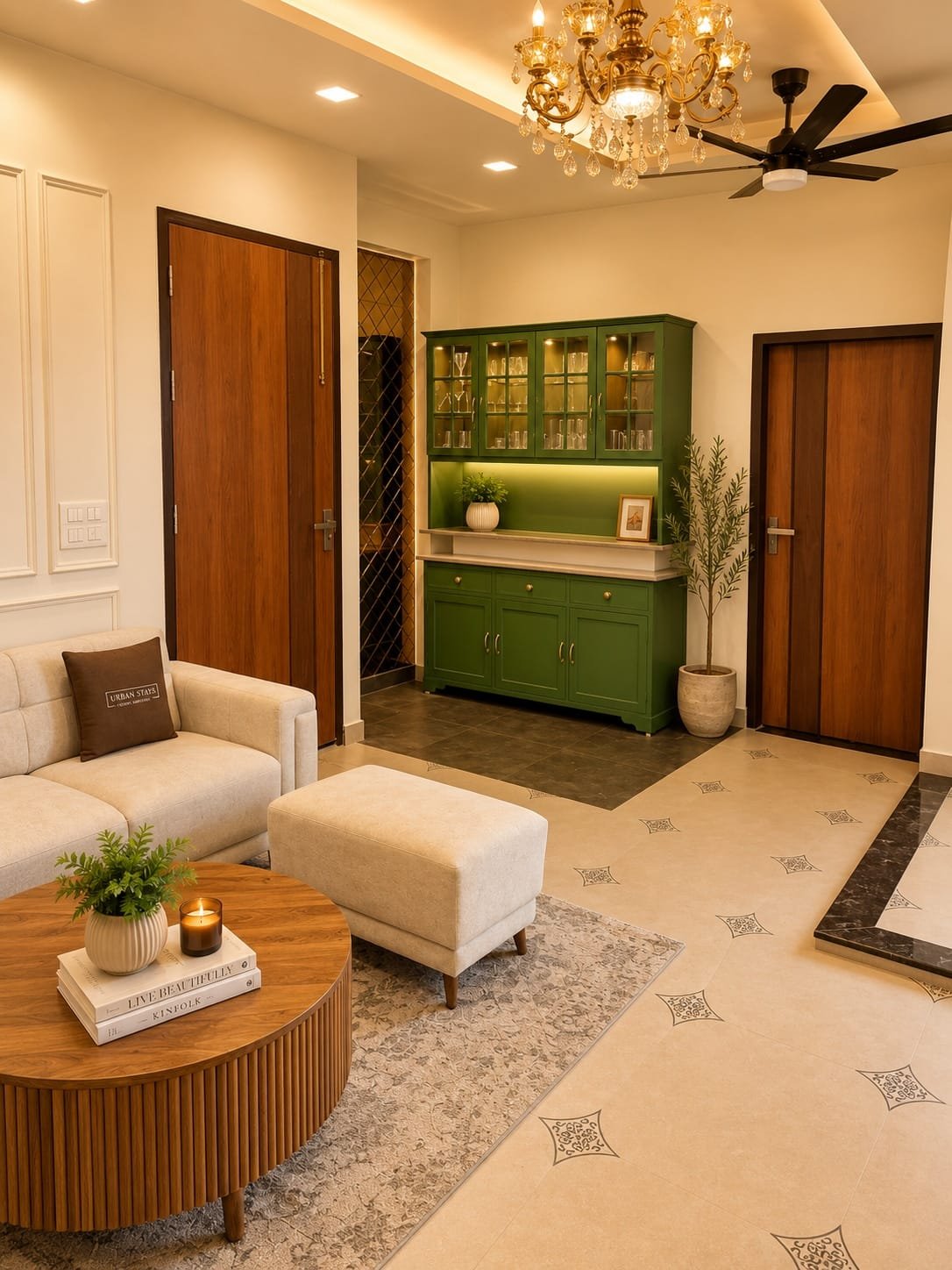 Living room with a white sofa, round wooden coffee table and green display cabinet under a chandelier