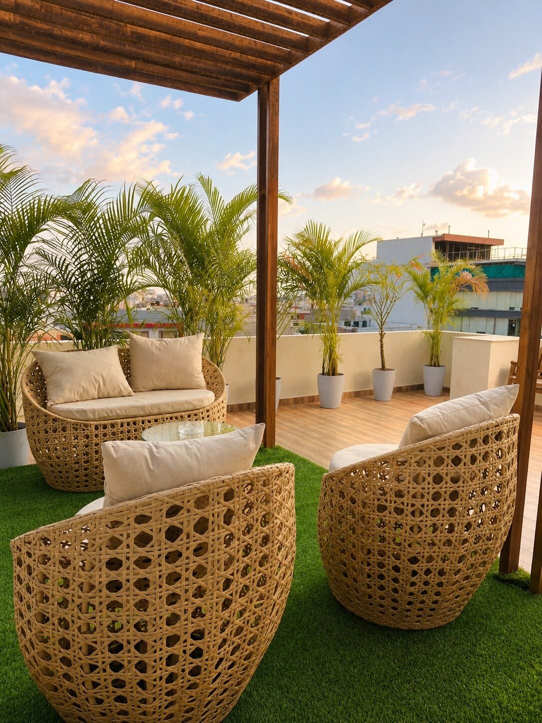 Wicker lounge chairs under a wooden pergola on the terrace