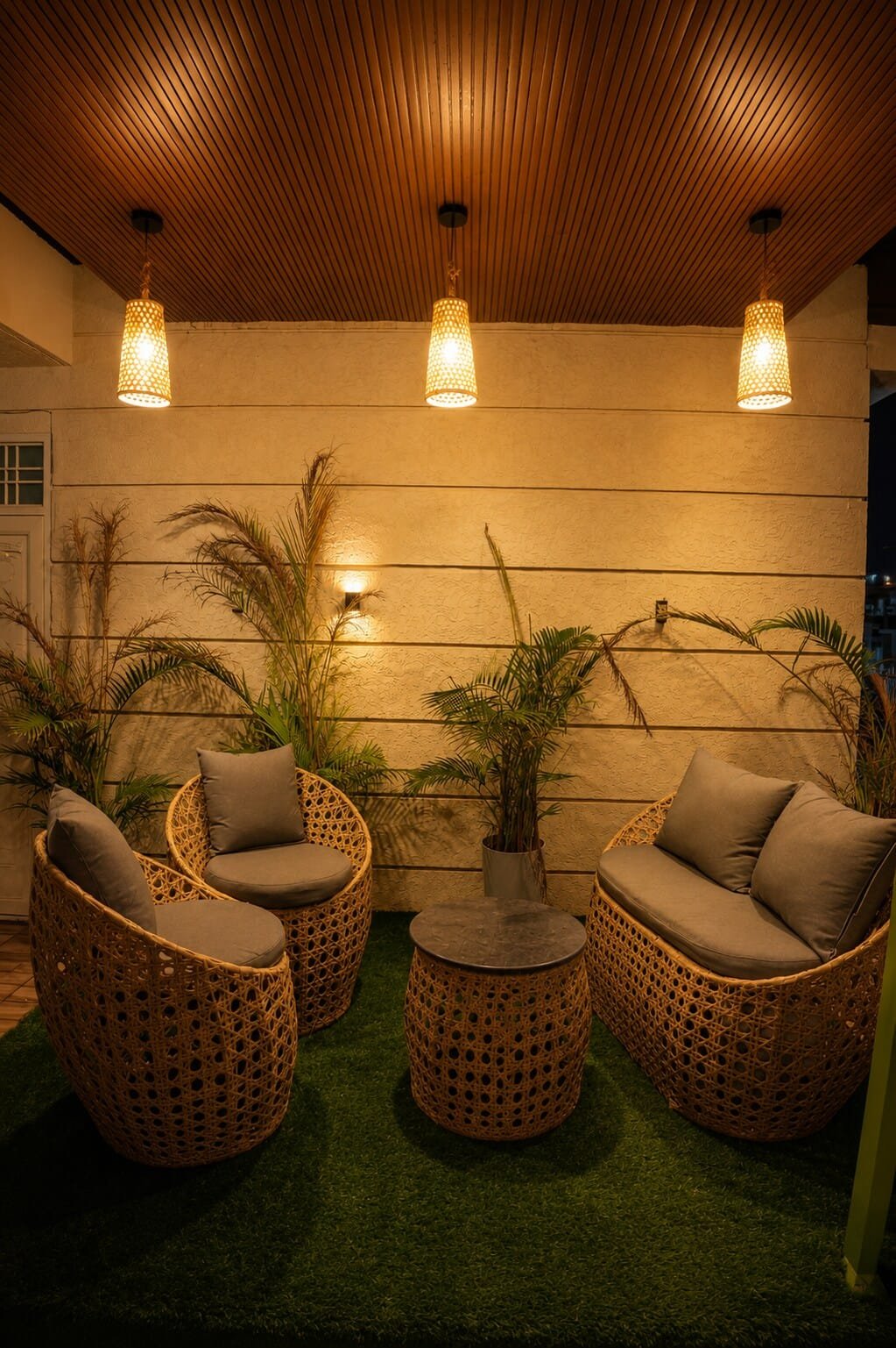 Covered deck with wicker seating and pendant lights in the evening